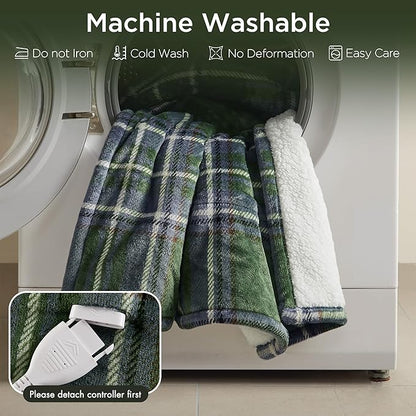 Woolrich Heated Throw Blanket with Ultra Soft Plush and Sherpa Reverse, 12 Heat Settings, Auto Shut-Off, Farmhouse & English Country Gift Throw – Green Plaid Pattern, 50"x60"