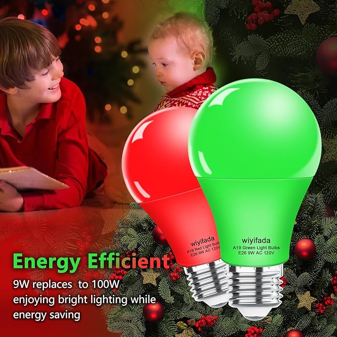 2 Pack A19 LED Red Green Light Bulbs,9W Christmas Light Bulbs Replace to 100W, 120V E26 Dimmable Colored Light Bulb for Halloween， Home Lighting, Party Decoration, Holiday Lighting