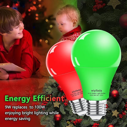 2 Pack A19 LED Red Green Light Bulbs,9W Christmas Light Bulbs Replace to 100W, 120V E26 Dimmable Colored Light Bulb for Halloween， Home Lighting, Party Decoration, Holiday Lighting