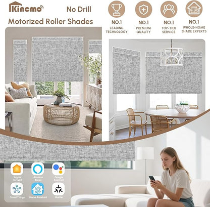Kincmo No Drill Motorized Blinds with Remote, 100% Blackout Roller Shades for Windows, Custom Electric Blinds Compatible with Alexa, Apple Homekit, Google Home (100% Blackout Mist Twilight)