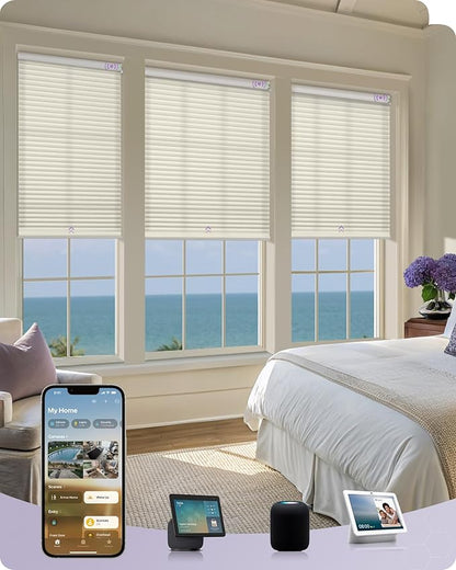 Graywind Motorized Matter Cellular Shades- 60% Blackout 1-3/4"Cell Honeycomb Blinds for Indoor Windows, Compatible with Alexa Google Siri, Custom Size,Pearl Beige