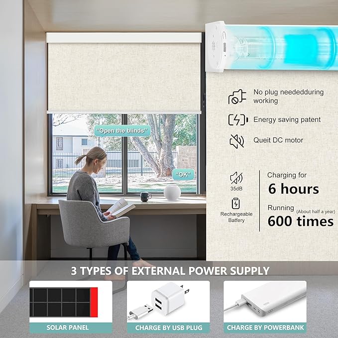 Aprilsmart Motorized Blinds with Remote,Compatible with Apple HomeKit Alexa Google Home- Voice and app Control,Motorized Roller Shades 100% Blackout Custom Size((Linen Stone-01)
