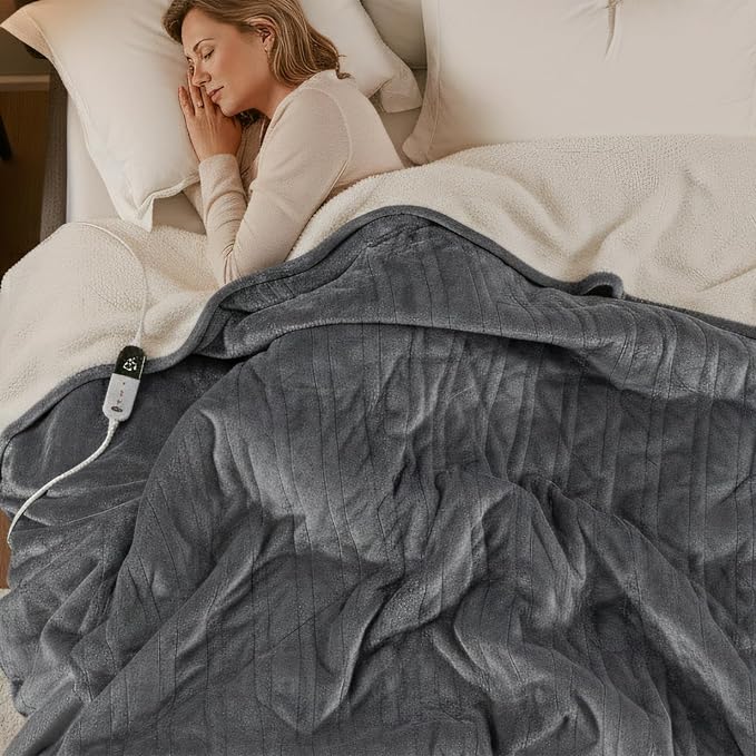 Degrees of Comfort Electric Throw Blanket Full Size - Soft Sherpa Heating Blankets with 6 Heat Settings, 10-Hour Auto Shut-Off, Overheat Protection, Etl Certified (Grey, 72x84 '' for Winter)