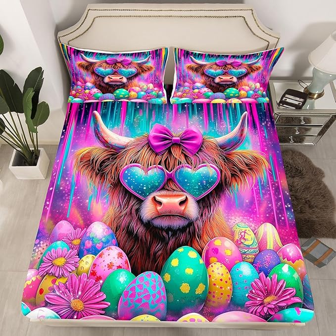 Highland Cow Bed Sheet Twin Size Happy Easter Eggs Cartoon Bedding Set Funny Animal Farmhouse Fitted Sheet Kids Boys Girls Room Decor Purple Colorful Soft Sheets with 1 Pillowcase,No Top Flat