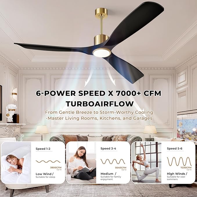 60" Smart Ceiling Fan with Lights,Outdoor Ceiling Fan Work with Alexa/Gg/App/Remote,3-Color Light Dimmable 6-Speed Quiet Reversible for Patio Porch Bedroom,Black and Gold