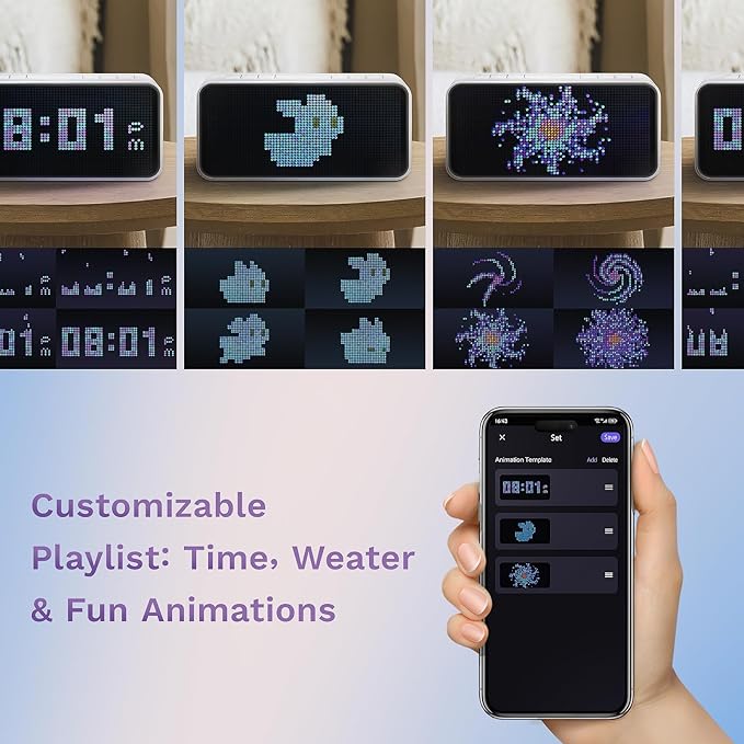Dekala PixelRise Smart Alarm Clock for Bedroom,Pixel Art LED Dot Matrix Display, Weather Temperature Animation, Loud Dual Alarm for Heavy Sleeper, Sleep White Noise, WiFi Weather & DST Time Sync, App