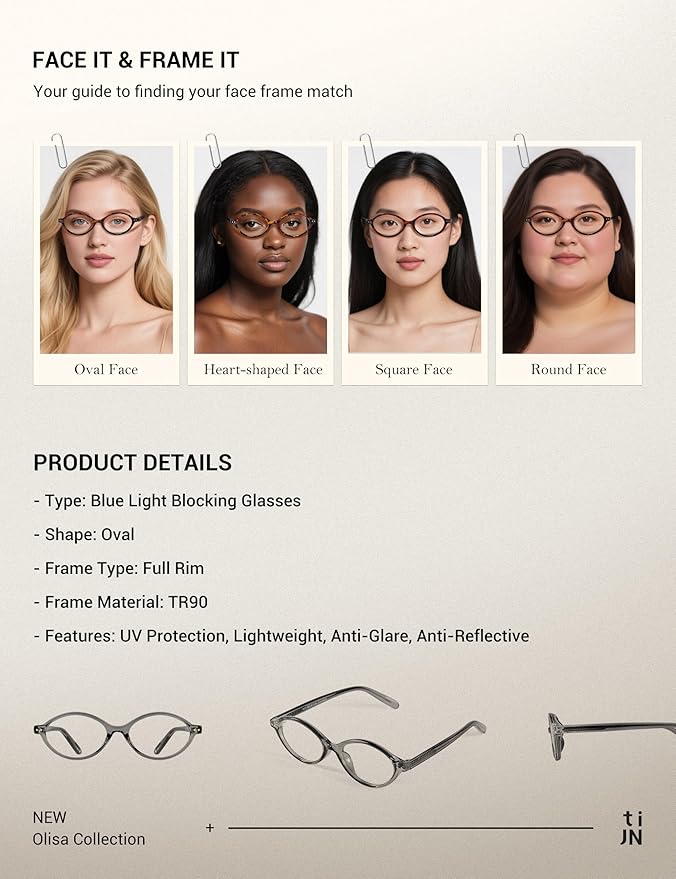 TIJN Olisa Blue Light Blocking Glasses for Women Men,Oval Glasses Frame Bluelight Glasses for Gaming/Computer/Screen