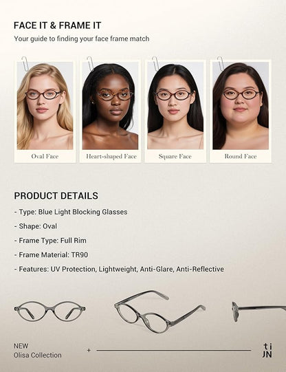 TIJN Olisa Blue Light Blocking Glasses for Women Men,Oval Glasses Frame Bluelight Glasses for Gaming/Computer/Screen