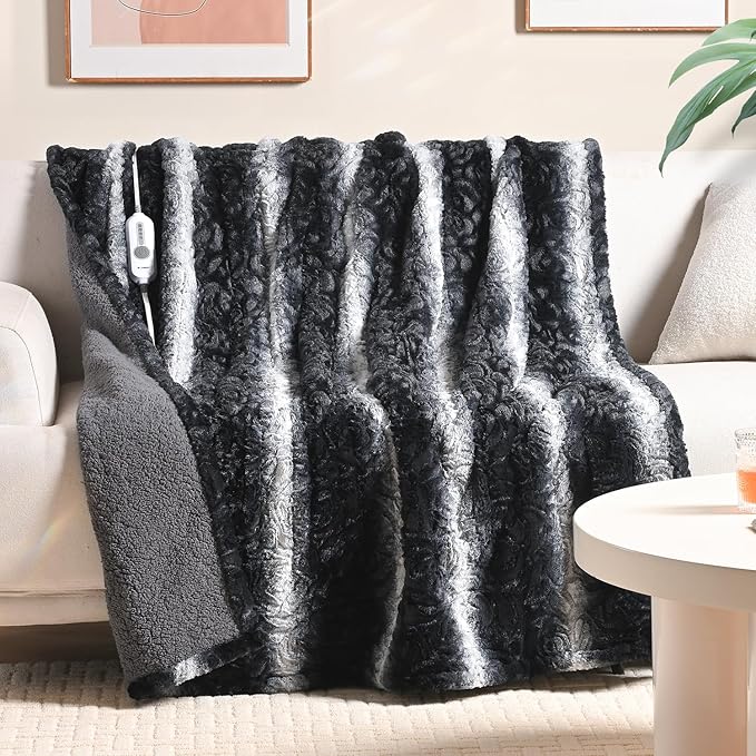 WOOMER Heated Blanket Throw 50" x 60", Electric Blanket Throw with 4 Heating Levels & 4H Auto Off, ETL Certified, Black Grey Flowers Patterns Faux Fur & Sherpa, Machine Washable