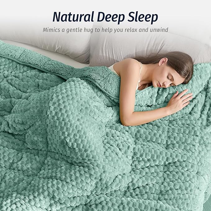 Wemore Fleece Weighted Blanket for Adults (80" x 87" 15lbs, Green), Dual Sided Cozy Soft Sherpa Heavy Blanket, 3D Imitation Turtle Shell Warm Jacquard Flannel Weighted Blankets for Couch and Bed