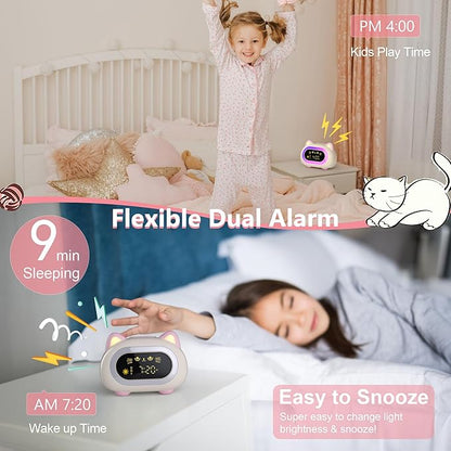 Alarm Clock for Kids, Kids Alarm Clocks for Girls with Sleep Training Dual Alarm Eye Protection Auto Off Timer 10 Color Night Light, Cat Ok to Wake Clock, Gifts for Kids Girls
