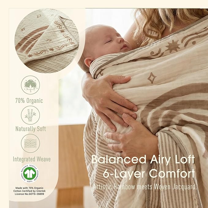 Ultra Soft Muslin Baby Blanket - Made with Organic Cotton, Reversible Rainbow Print & Coffee Striped Jacquard, Swaddle & Crib Quilt, 43x43 Inches (Rainbow Border)