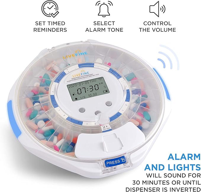 Live Fine Smart WiFi Automatic Pill Dispenser Clear Lid | 28-Day Medication Organizer Up to 9 Doses Per Day for Care Monitoring with Lock Key, Light/Sound Alarms for Prescriptions & Vitamins