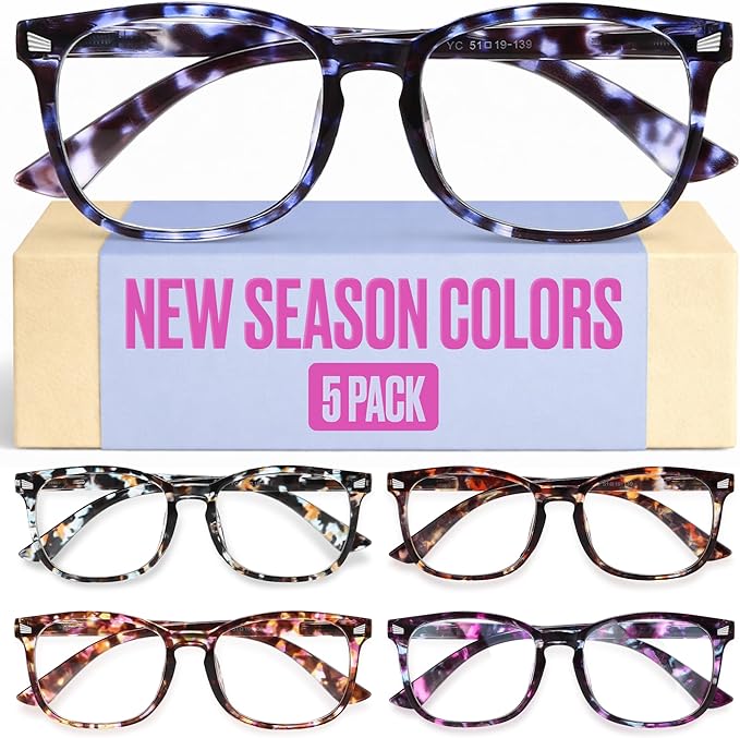 CCVOO +0.0 Clear Vision Reading Glasses for Women – 5-Pack Blue Light Filtering Readers with Spring Hinges