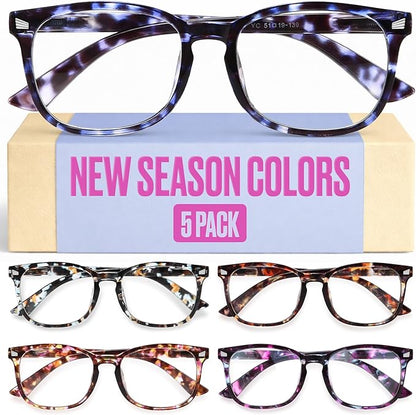 CCVOO +0.0 Clear Vision Reading Glasses for Women – 5-Pack Blue Light Filtering Readers with Spring Hinges