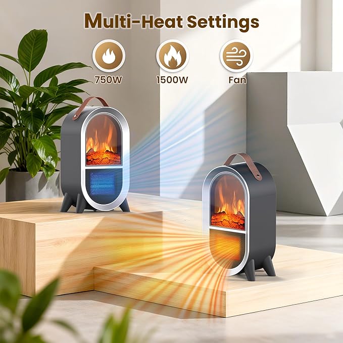 Portable Electric Fireplace Heater, 1500W/750W Mini Space Heater for Indoor Use with 3D Flame, Thermostat, Carry Handle, Overheat & Tipover Protection, for Home Office Bedroom Desk, Black