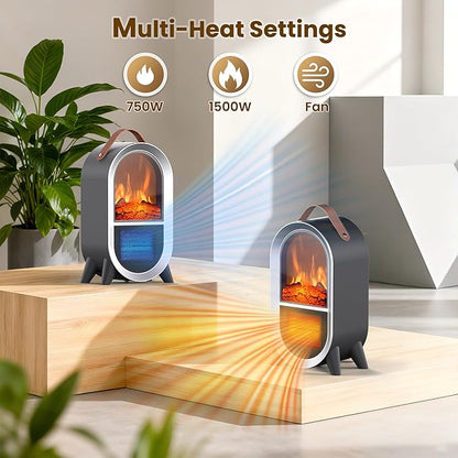 Portable Electric Fireplace Heater, 1500W/750W Mini Space Heater for Indoor Use with 3D Flame, Thermostat, Carry Handle, Overheat & Tipover Protection, for Home Office Bedroom Desk, Black