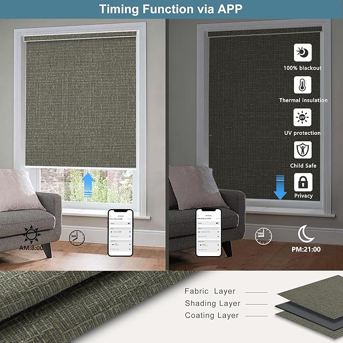 Bringnox Motorized Blinds with Remote,100% Blackout Smart Roller Blinds Compatible with Apple Homekit Google Home and Alexa Via HUB,and Customized (Safari Smoke-19)