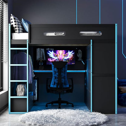 GOWE Full Size Wood Loft Bed with Desk,Wardrobe,Ample Storage Space,and RGB Light, Cloud Blue(Old SKU:LT000261AAC)