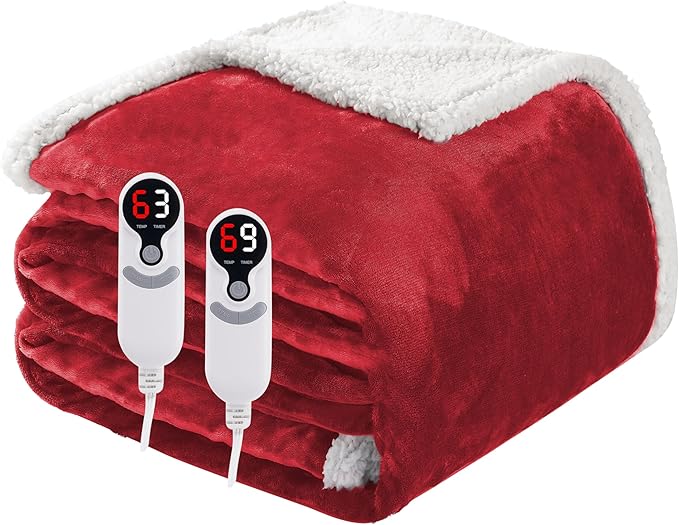 Electric Heated Blanket Queen Size 84"x90", Soft Flannel with Dual Controllers & Overheat Protection, 9 Adjustable Heat Settings & 10-Hour Auto-Off Timer, Fast Heating for Winter Comfort, Red