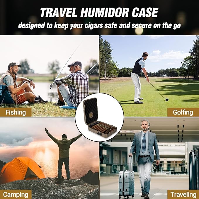 Travel Cigar Humidor Case - Cedar Lined, V Cut Cutter, Portable Humidor with Humidifier & Hygrometer, Holds 7-9 Cigars, Includes Lighter - Gift Set