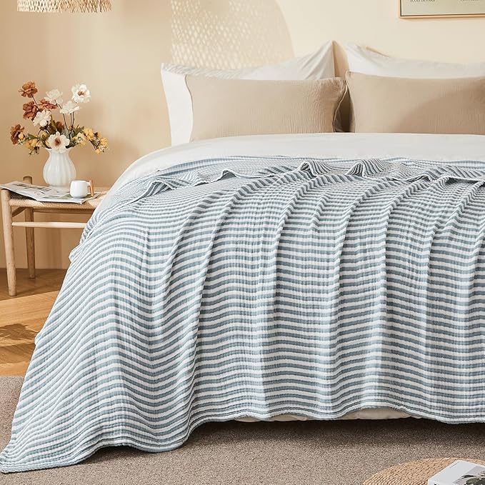 EMME Cotton Muslin Twin Blanket Breathable Gauze Soft Lightweight Adults Gifts for Women (Striped Teal, 60"x80")