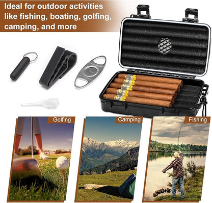 Flauno Travel Cigar Humidor Case - Portable Cigar Box kit with Humidifier Disc, Cigar Cutter, Cigar Punch, Cigar Holder & Dropper, Waterproof, Crushproof, Airtight (Holds up to 10 Cigars)