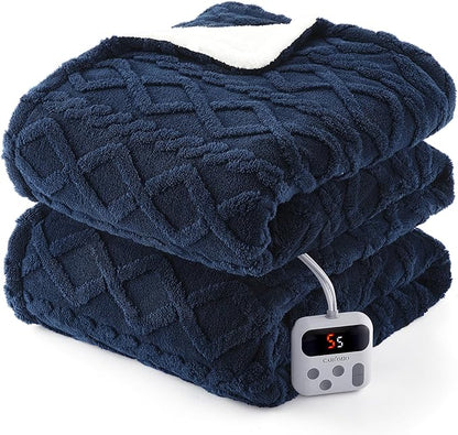 CAROMIO Electric Blanket Full Size - Thick Tufted Sherpa Heated Blanket with 10 Heating Levels and 10 Time Settings, ETL Certified Machine Washable Fast Heating Blanket Full 72"×84", Navy Blue