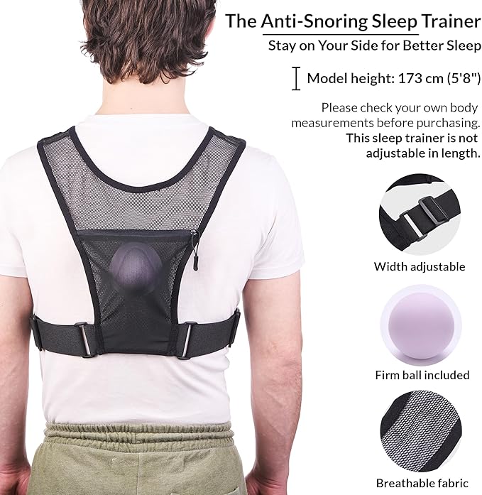 Anti Snoring Device | Positional Sleep Apnea Device | Side Sleep Trainer to Stop Snore | Includes Ball to Prevent Back Sleeping | Positional Therapy for Snoring Relief | Adjustable, Lightweight Vest