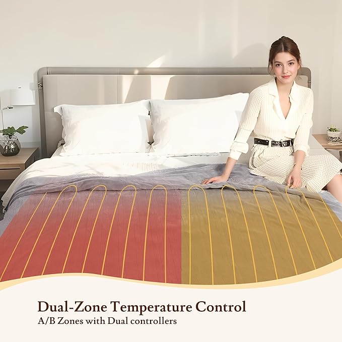 Electric Heated Blanket 84"x90" Queen Size - 4 Heat Settings & Dual Controllers, 10H Auto Shut Off, Ultra-Soft Coral Fleece Heated Blanket with Overheat Protection, Cozy and Comfortable, Light Grey