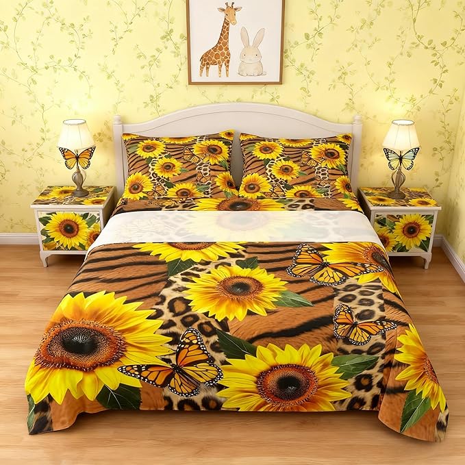 Manfei Brown Leopard Print Sheet Set Queen Sunflower Butterfly Bedding Set for Kids Teens Room Decor,Plant Animal Soft Bed Sheet Set 4pcs with Deep Pocket Fitted Sheet + Flat Sheet + 2 Pillowcases