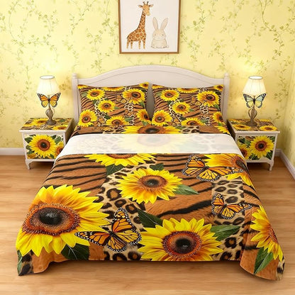 Manfei Brown Leopard Print Sheet Set Queen Sunflower Butterfly Bedding Set for Kids Teens Room Decor,Plant Animal Soft Bed Sheet Set 4pcs with Deep Pocket Fitted Sheet + Flat Sheet + 2 Pillowcases