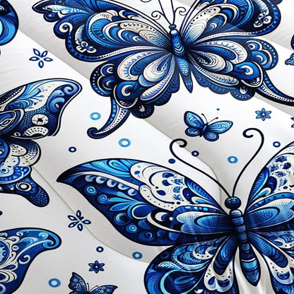 Blue Butterfly Comforter Bedding Set Queen Size,Bohemian Style Blue Series Bedding for Kids Girls Boys,Insect Themed Children's Bedding Soft Fluffy Comforter Sets with 2 Pillowcases.