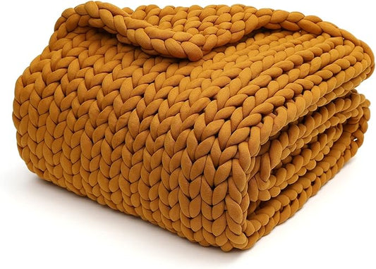 YnM Knitted Weighted Blanket, Handmade Chunky Knitted Design, Soft and Cozy, Temperature Regulating and Breathable, Machine Washable Throw for Sleep or Home Decor (Yellow Fusion, 60x80 Inch, 20lbs)