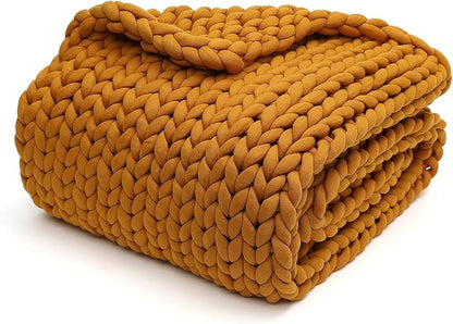 YnM Knitted Weighted Blanket, Handmade Chunky Knitted Design, Soft and Cozy, Temperature Regulating and Breathable, Machine Washable Throw for Sleep or Home Decor (Yellow Fusion, 50x60 Inch, 10lbs)
