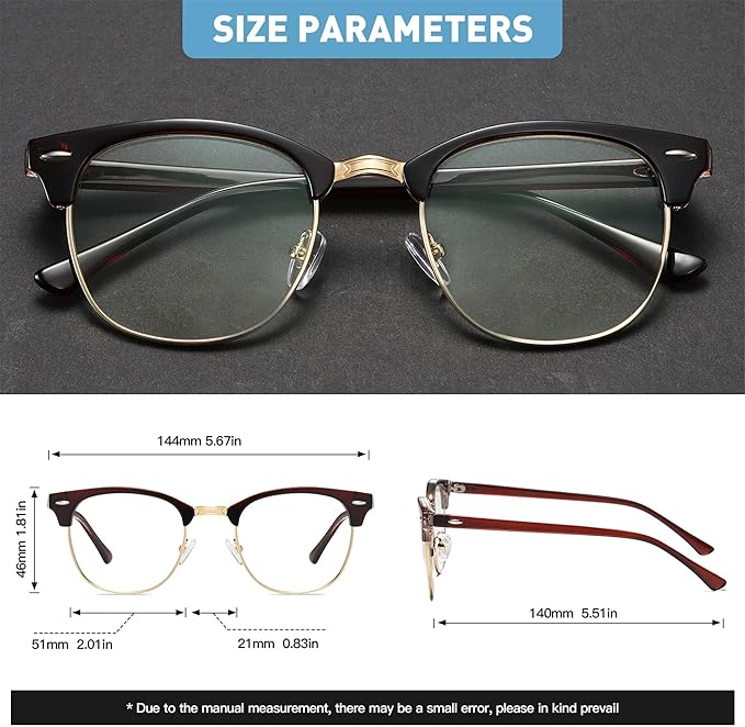 Blue Light Blocking Glasses Vintage Half Frame UV Clear Lens Anti Eyestrain Computer Gaming Glasses for Women Men(P59)