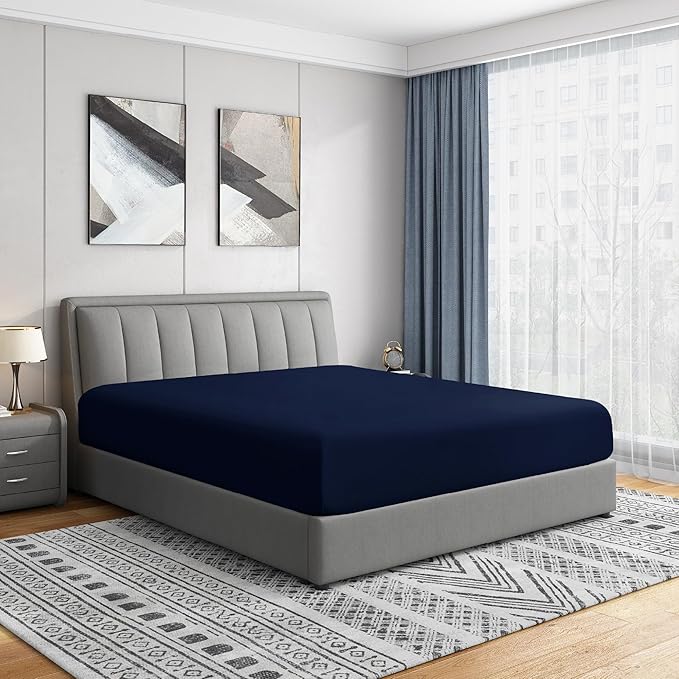 Cathay Home California King Fitted Sheet - Double Brushed Ultra Soft – Wrinkle & Fade Resistant - 16" Deep Pocket Fitted Sheet Only - Good Fit for 14"-18" Deep Mattress (Cal King, Navy)