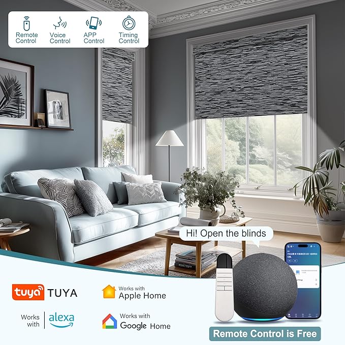 Motorized Blinds with Remote,Blackout Smart Roller Shades with App,Voice Control,Jacquard Fabric,Thermal Insulated Automatic Blinds,Electric Shades with USB/Solar Pannel.Maze Black