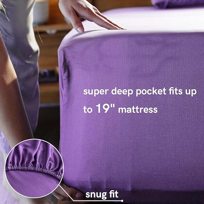 YnM Cooling Bed Sheet Set with 100 Percent Rayon Derived from Bamboo, 400TC Fabric with 2 Pillowcases and Flat Sheet, Deep Pocket Fit 19'', Silky-Soft & Sweat Wicking, 4 Piece (Full, Lavender Purple)