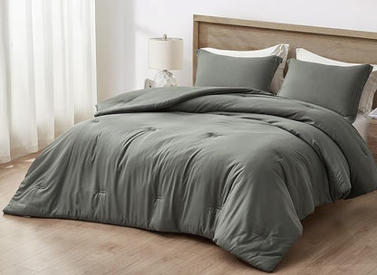 Chezmoi Collection Cliff 3-Piece Lightweight Cooling Comforter Set, King - Rayon Derived from Bamboo & Polyester Blended, Soft Breathable Bedding for Hot Sleepers, Dark Gray