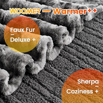 WOOMER Heated Blanket Queen Size, Dual Control, Electric Blanket 84"x 90", Double-Sided Faux Fur&Sherpa, Overheat Protection, 10 Heating Levels & 12H Auto Off, CPF, Home Office