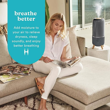 Homedics Ultrasonic Humidifier, Bedrooms and Home Offices, 0.97-Gallon Tank, 45-Hour Runtime, Visible Ultra-Quiet Cool Mist, Aromatherapy, Demineralization Cartridge, Night-Light, Auto-Off, Platinum