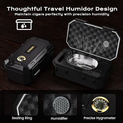 Travel Cigar Humidor Box set with Cigar Ashtray, Cigar Torch Lighter, Built-in V Cutter & Punch & Holder & Draw Enhancer Tool, Humidifier & Hygrometer, Portable Travel Cigar Case, Cigar Gifts for Men