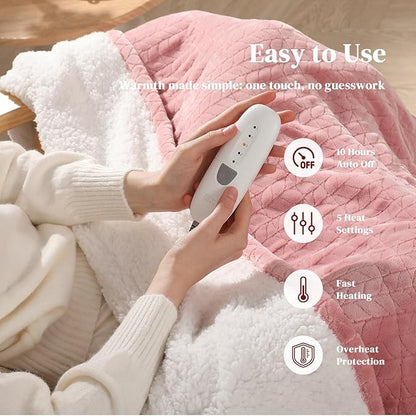 Twin Electric Blanket 62"x84" Heating Blanket Twin, Wheat Pattern Ultra-Soft Flannel & Thick Sherpa with 5 Heat Settings & 10 Hour Auto Shut-Off, ETL & FCC Certified, Machine Washable Home Use, Pink