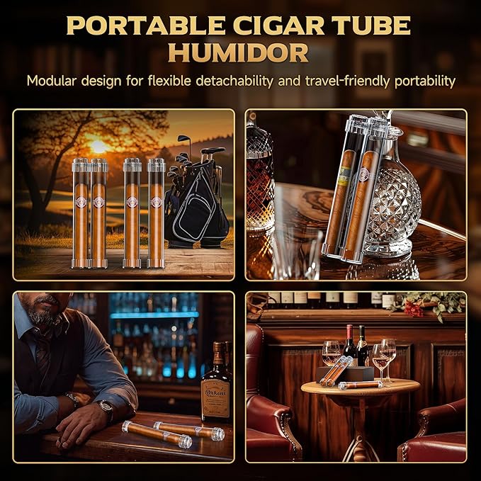 Travel Cigar Humidor, Portable Humidifier Tubes, Removable Cigar Case with Stand, Detachable Storage Tube for 2 Cigars Shorter 6.5 inch, Crystal Gel Keep Humidity (2 Cigar Tubes)