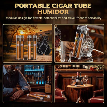 Travel Cigar Humidor, Portable Humidifier Tubes, Removable Cigar Case with Stand, Detachable Storage Tube for 2 Cigars Shorter 6.5 inch, Crystal Gel Keep Humidity (2 Cigar Tubes)