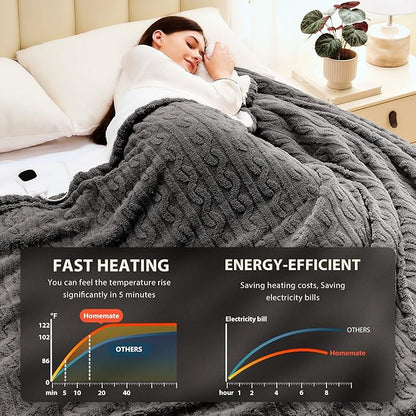 Homemate Electric Heated Blanket Twin - 62"x84" Heating Bed Blankets Throw with 10 Heating Levels 8 Hours Auto Off Fast Heating Over-Heated Protection Ultra Soft Warm Flannel ETL Certified