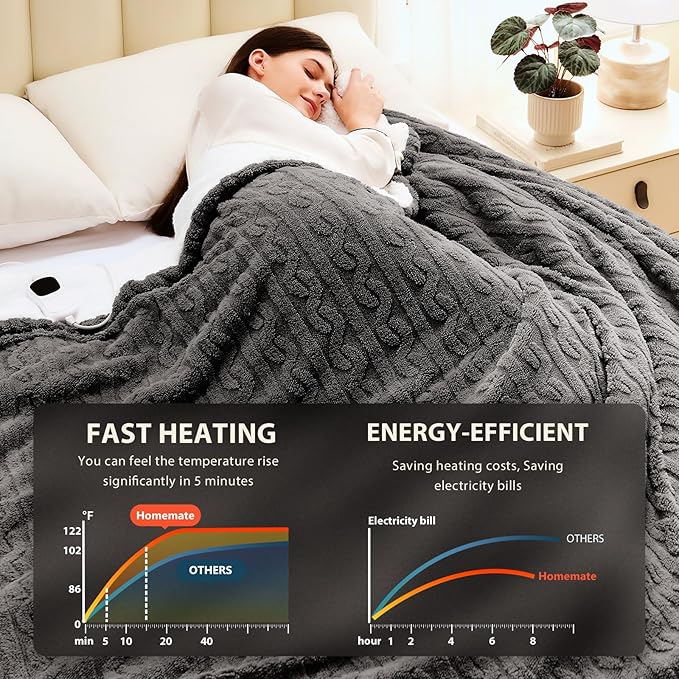 Homemate Electric Heated Blanket King - 100"x90" Heating Bed Blankets Throw with 10 Heating Levels 8 Hours Auto Off Fast Heating Over-Heated Protection Ultra Soft Warm Flannel ETL Certified