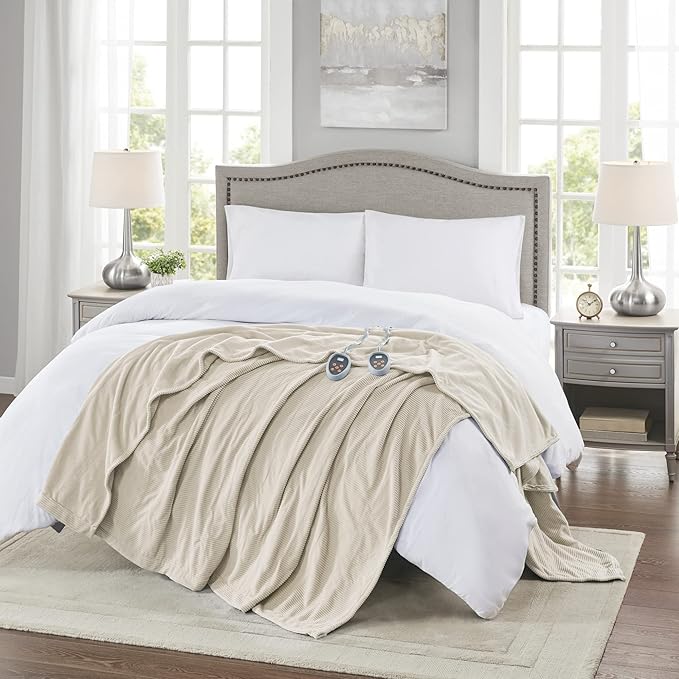 Beautyrest Electric Blanket Luxurious Micro Fleece Ultra Soft Ribbed Textured, Cozy and Snuggly Cover for Cold Weather, Fast Heating, Auto Shut Off, 20 Level Heat Setting Controller, Twin, Beige