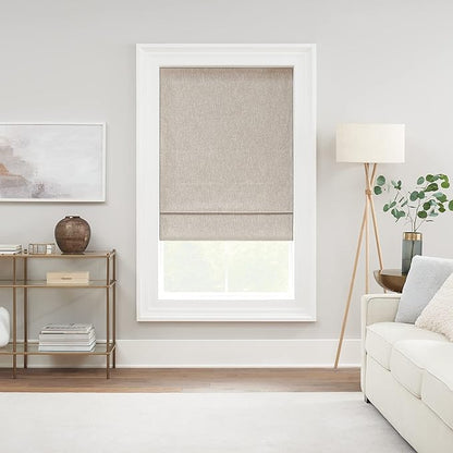Eclipse Drewton Motorized 100% Blackout Cordless 35 in Wide x 64 in Long Textured Roman Shade in Linen